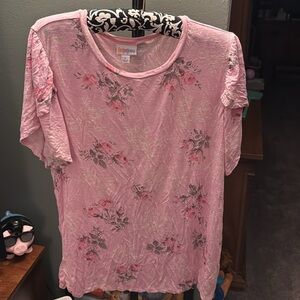 LuLaRoe Olive- Pink, Green & White Relaxed Short Sleeve Tee-